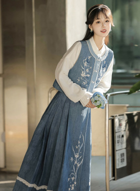 原创设计幽兰雪汉服女中国风改良汉元素马甲衬衣半裙套装