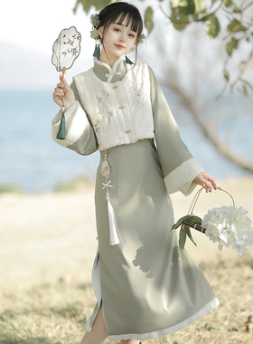 原创设计月落桂兔汉服女中国风新中式汉元素马甲旗袍套装