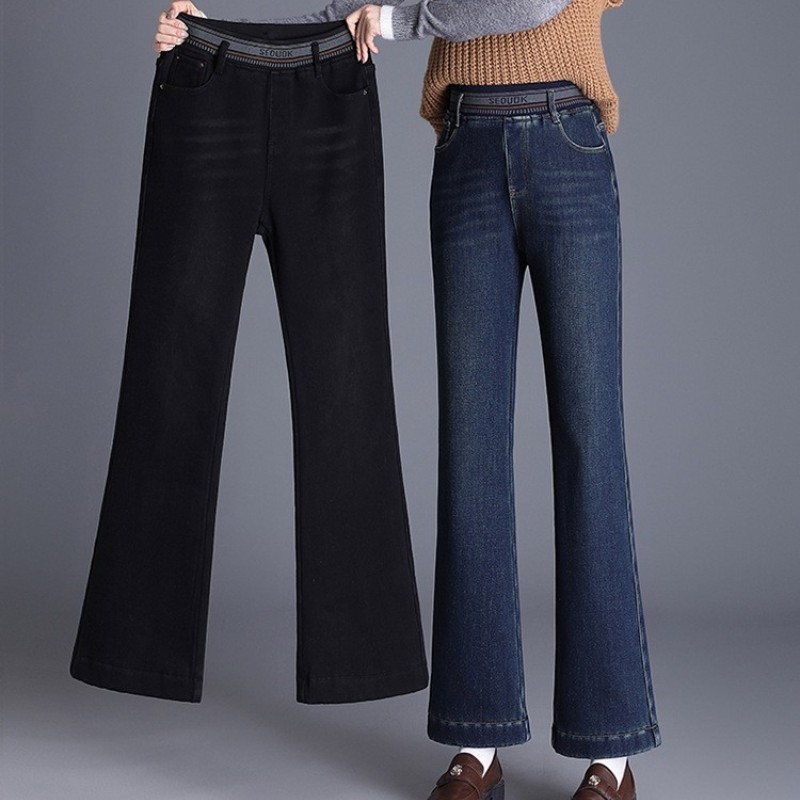 九分弹力牛仔微喇裤女高腰春季新款小个子修身显腿长加绒喇叭长裤