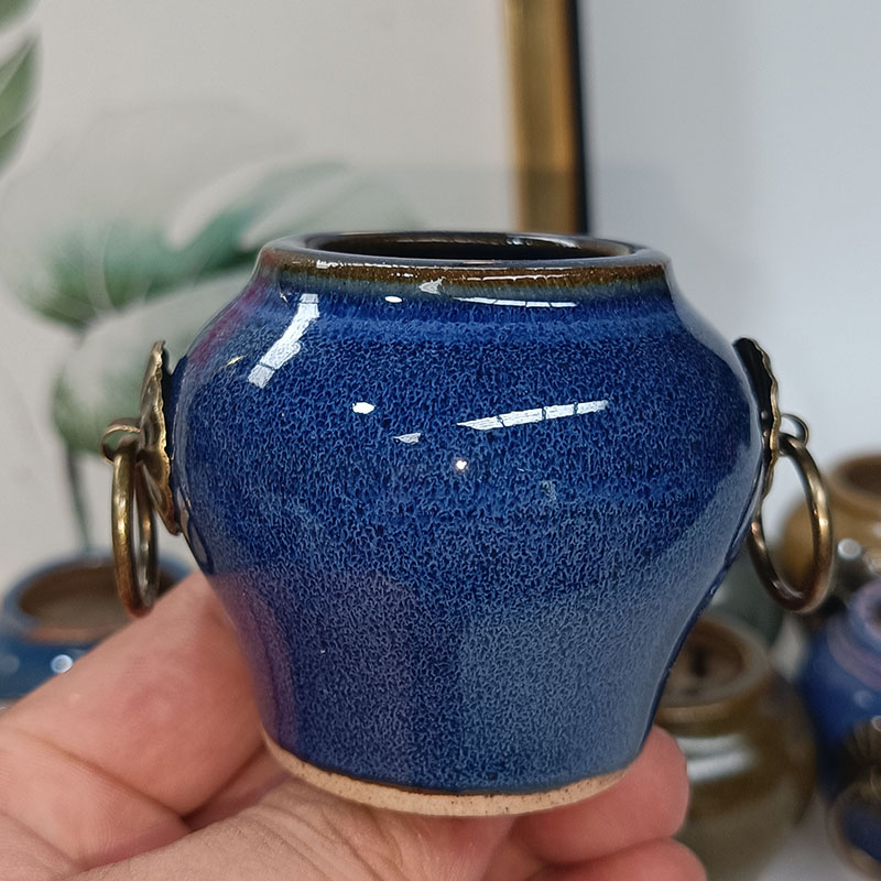 多肉花盆窑变复古景德镇创意可爱双耳铜环奶罐迷你拇指空气凤梨盆