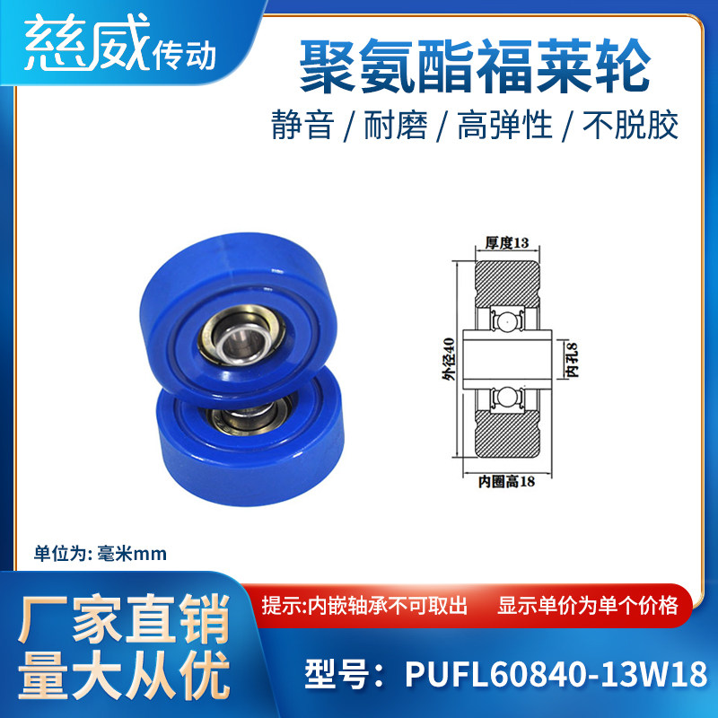PUFL60840-13W18聚氨酯福莱轮流利条滑轮非标608包胶轴承