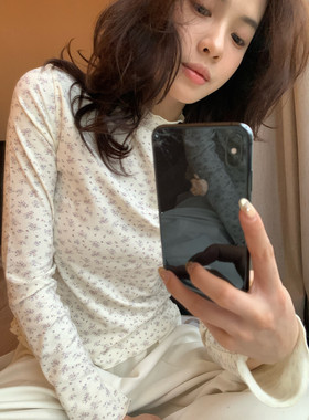 【Hers】简约韩系调性紫色碎花磨毛打底衫  92546