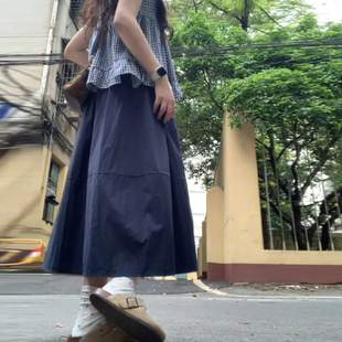 裙女夏季 藏青色工装 小个子高腰显瘦伞裙小众拼接设计感a字半身裙