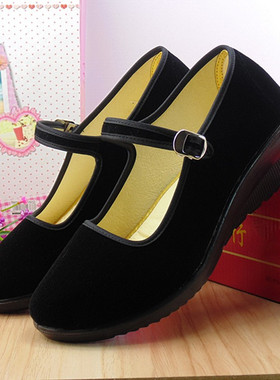 黑色女坡跟服务员工作布鞋中老年人妈妈休闲大码女鞋带跟舞蹈鞋春