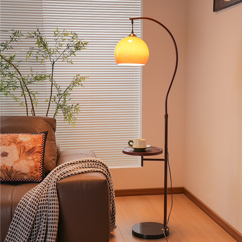 法式中古风实木置物落地灯卧室客厅沙发旁边高级艺术氛围台灯一体