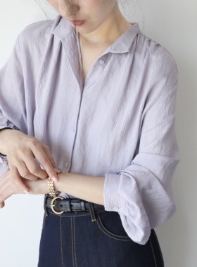 XINER 淡蓝紫色暗纹长袖衬衫女高级感时髦温柔立领上衣2022春秋季