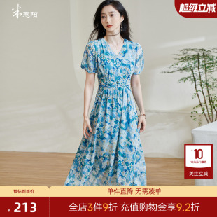 大码 米思阳2025夏季 法式 气质百搭原创印花裙V领短袖 连衣裙女 新款