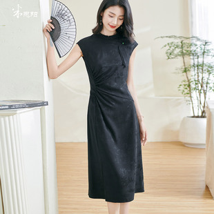 米思阳2026春季 新中式 国风修身 连衣裙高腰盘扣提花收腰裙0536 新款