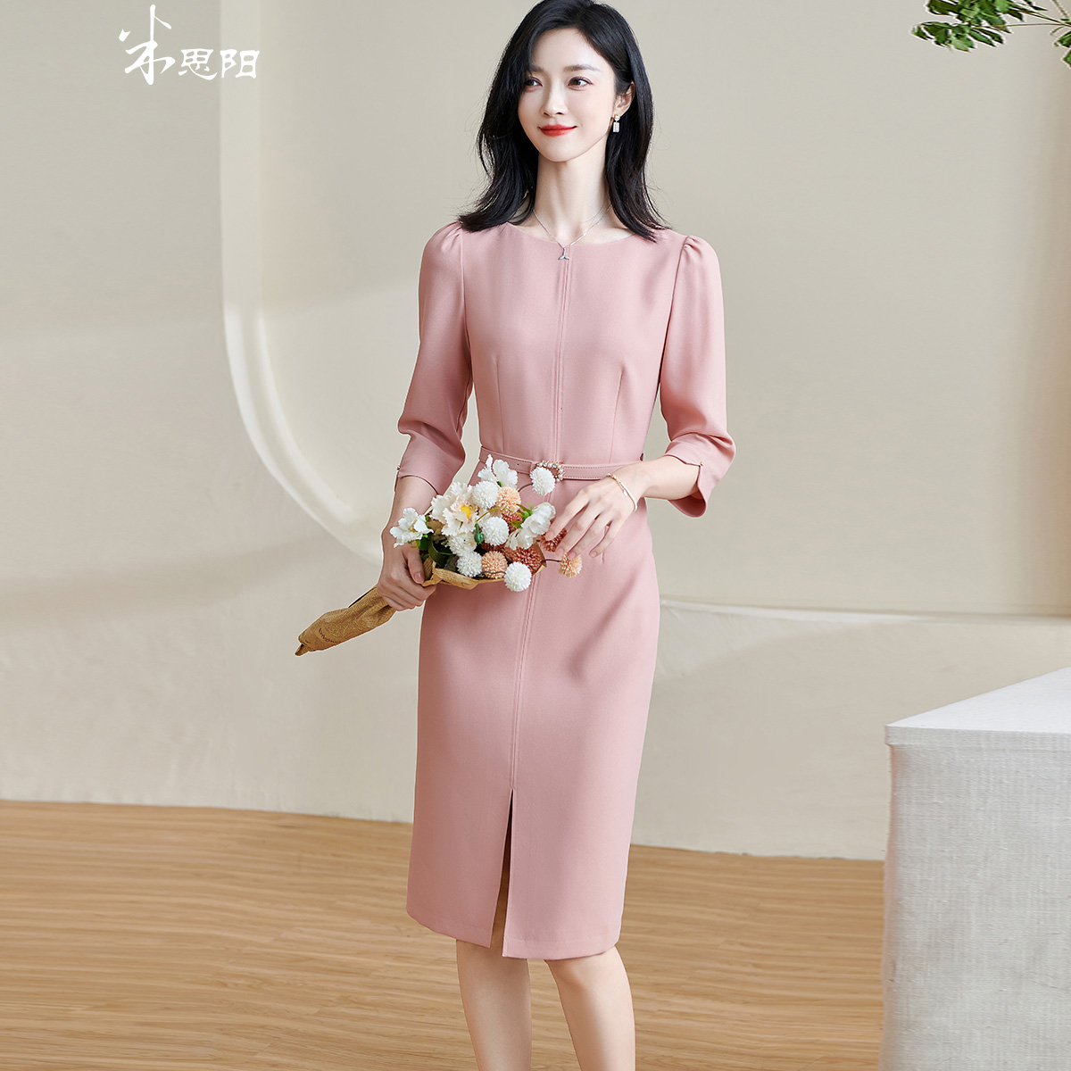 米思阳温柔气质涤纶中长款连衣裙