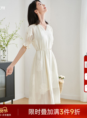米思阳2025夏季新款国风刺绣提花天丝大码连衣裙花边袖中长裙2494