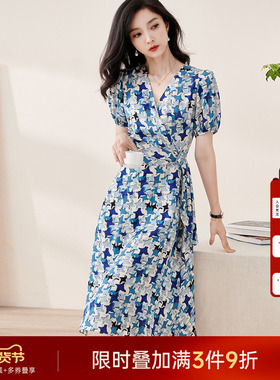 米思阳2025夏季新款知性优雅印花泡泡袖中长裙收腰大摆连衣裙1591