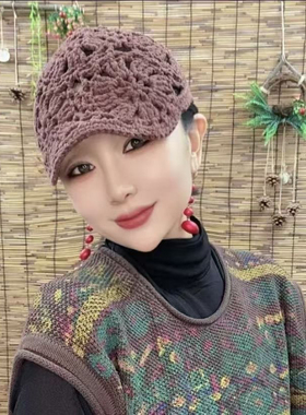 手工钩织镂空钩花鸭舌帽棉麻线中老年女士针织帽子百搭美太阳花帽
