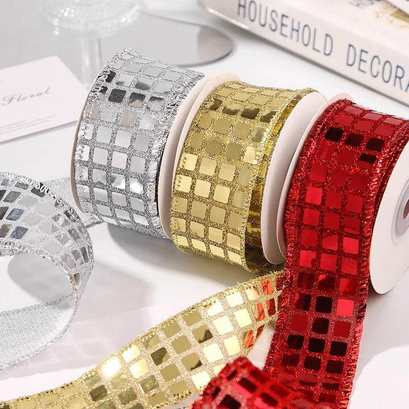 格子亮片织带银色方格丝带DIY发饰蝴蝶结辅料圣诞节装饰包装绑带