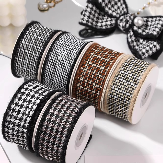 绒毛压边千格鸟加厚布织带发饰DIY蝴蝶结辅料格子丝带鞋帽装饰带