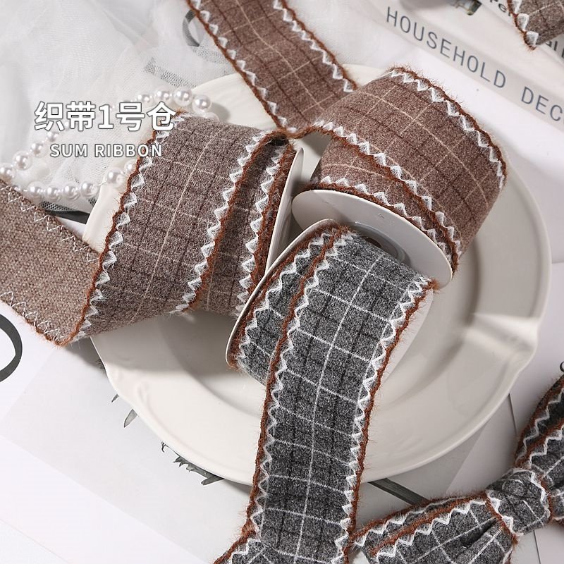 双色绒毛花边格子织带DIY发饰蝴蝶结单面波浪边格纹丝带礼盒包装