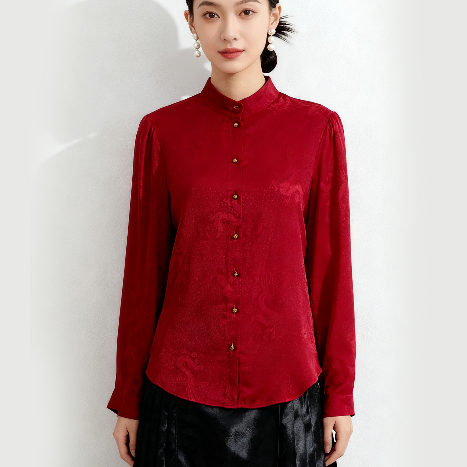 红色衬衫内搭桑蚕丝新中式上衣女
