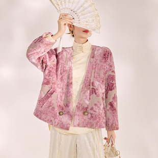 2025新款中式高端植绒刺绣设计上衣V领宽松高级外套女 M9207