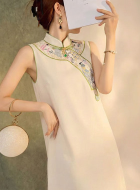 新中式刺绣袖连衣裙高级感气质夏季新款A字短裙女 P0150