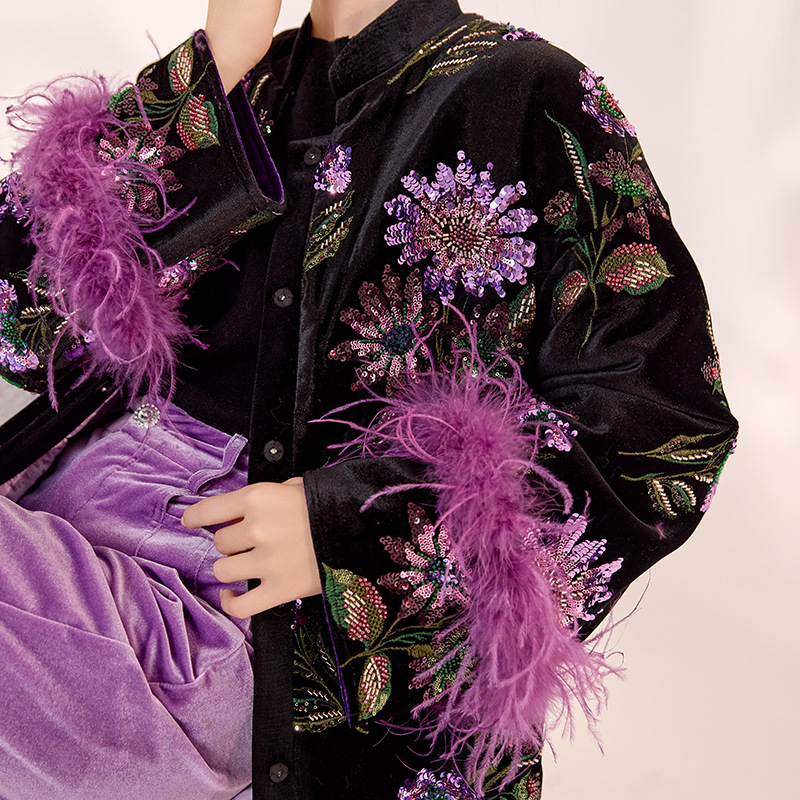 新中式冬季新款高端刺绣亮片外套女鸵鸟毛袖设计感棉服 MX010