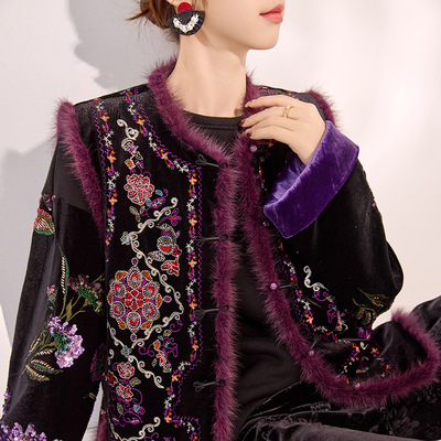 国风刺绣马甲女外穿冬水貂毛拼接