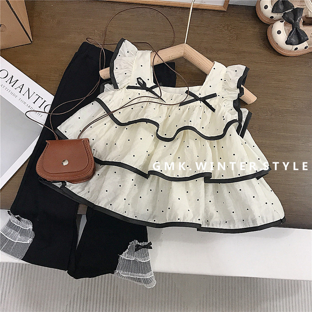女童套装夏季新款洋气女孩儿童衣服波点飞袖上衣喇叭裤两件套