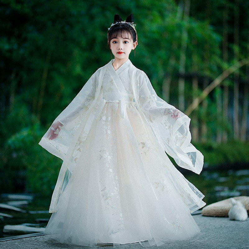 女童汉服连衣裙春夏中国风刺绣古装儿童长袖超仙唐装网纱公主襦裙