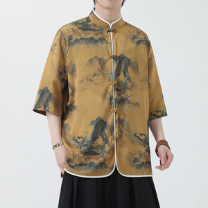 夏季风冰丝唐装盘扣中式印花半袖衬衣汉服男A118-C05P65控88图片