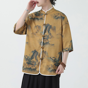 夏季风冰丝唐装盘扣中式印花半袖衬衣汉服男A118-C05P65控88图片
