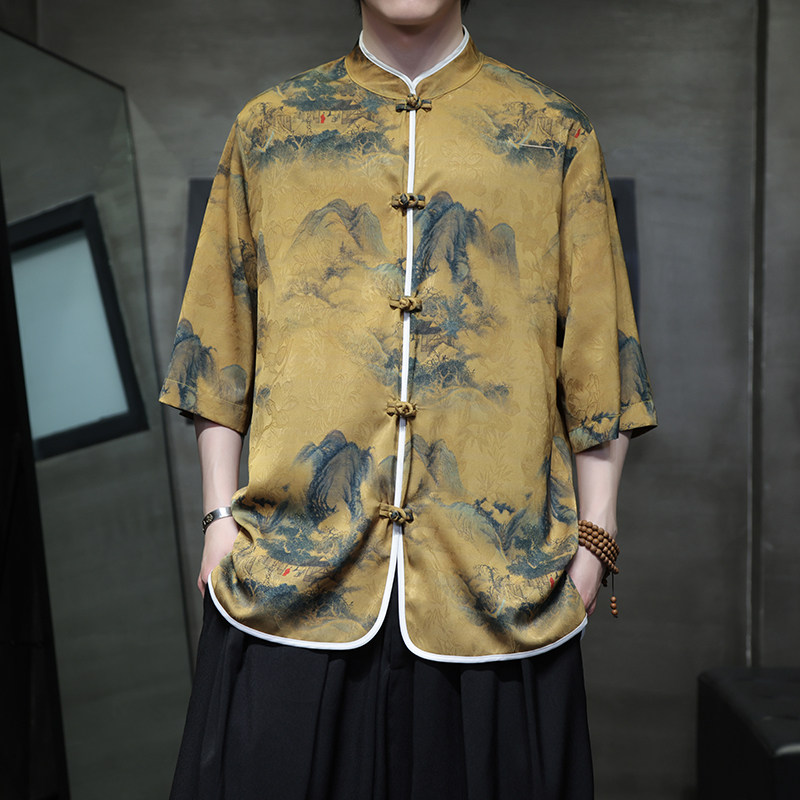 2025夏季风冰丝唐装盘扣中式印花半袖衬衣男A118-C05P65控88，男装T恤，电商A118