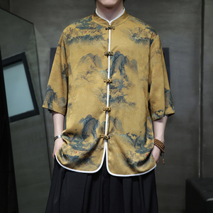 2025夏季风冰丝唐装盘扣中式印花半袖衬衣男A118-C05P65控88,男装T恤,电商A118