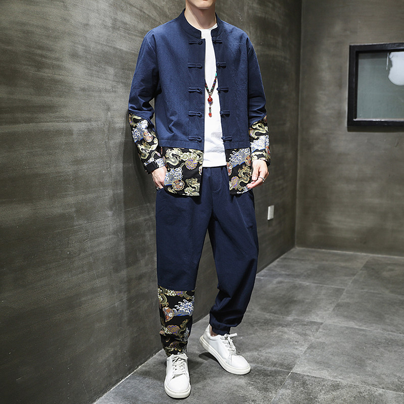 春季风男装中式复古唐装汉服棉麻亚麻两件套A118-TZ2022-P95,男装休闲套装,电商A118