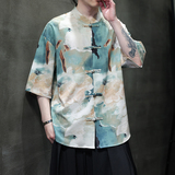 夏季风男装短袖衬衫大码宽松印花衬衣汉服男A118-C22P65控88，男装衬衫，电商A118