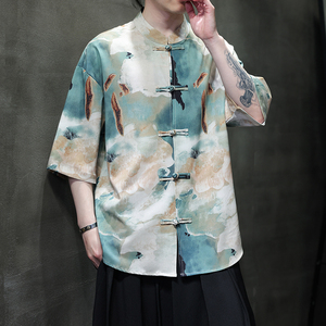 夏季风男装短袖衬衫大码宽松印花衬衣汉服男A118-C22P65控88图片