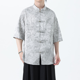 夏季风男装冰丝短袖衬衫新中式印花改良汉服A118-C21P65控88，男装T恤，电商A118
