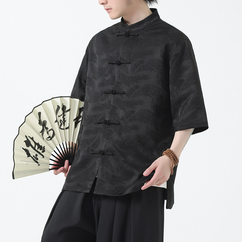 2025夏季风男装唐装短袖盘扣新中式提花衬衣A118-C07P70控98,男装T恤,电商A118