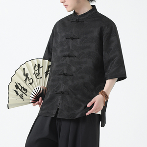 2025夏季风男装唐装短袖盘扣新中式提花衬衣A118-C07P70控98图片