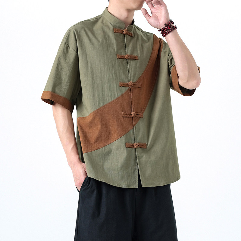 夏季风棉麻短袖唐装拼接衬衫中式复古大码男A118-C032P70控99,男装T恤,电商A118