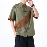 夏季风棉麻短袖唐装拼接衬衫中式复古大码男A118-C032P70控99，男装T恤，电商A118