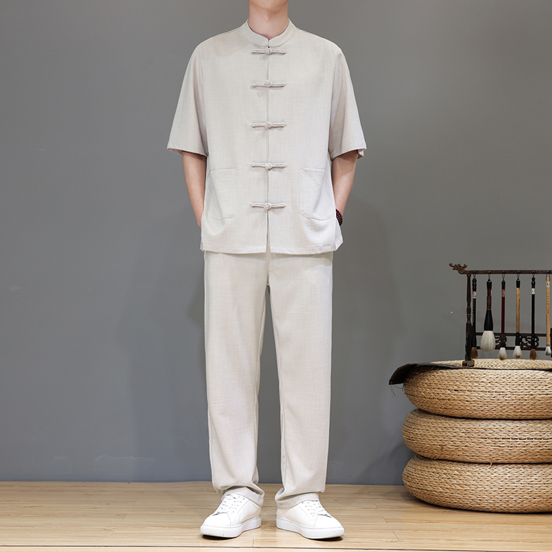 新中式夏季唐装天丝亚麻高端复古大码短袖男A118-TZ2501P165控228，男装休闲套装，电商A118