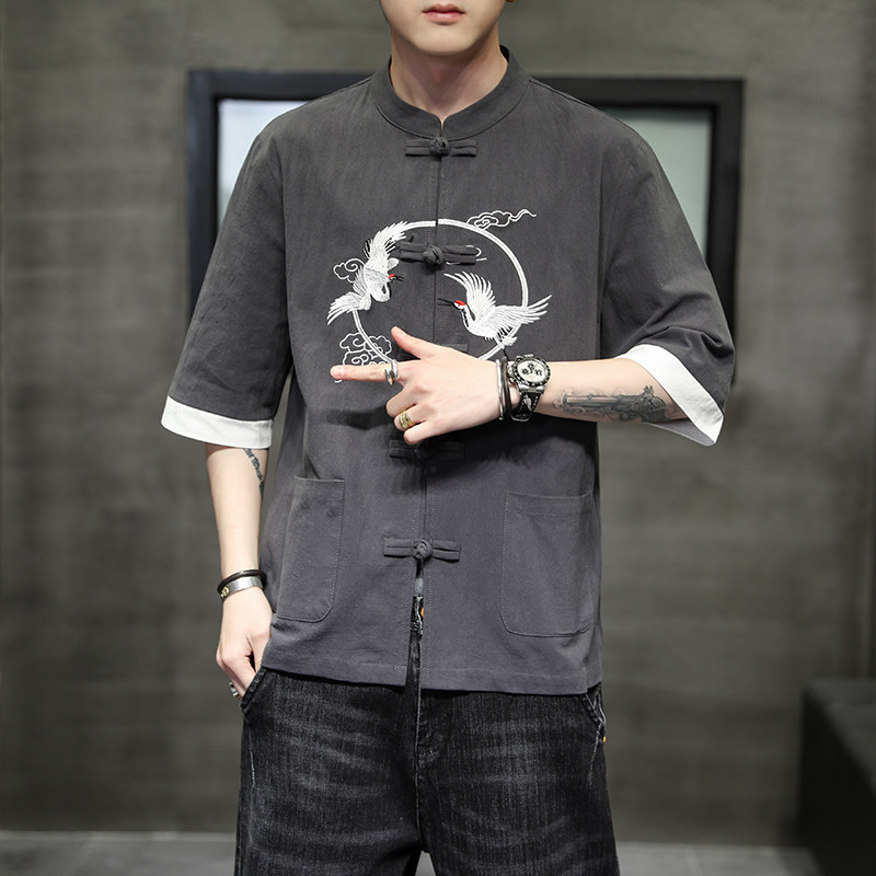 夏季风男装短袖刺绣复古衬衫唐装汉服大码衬衣A118-C701P60,男装衬衫,电商A118