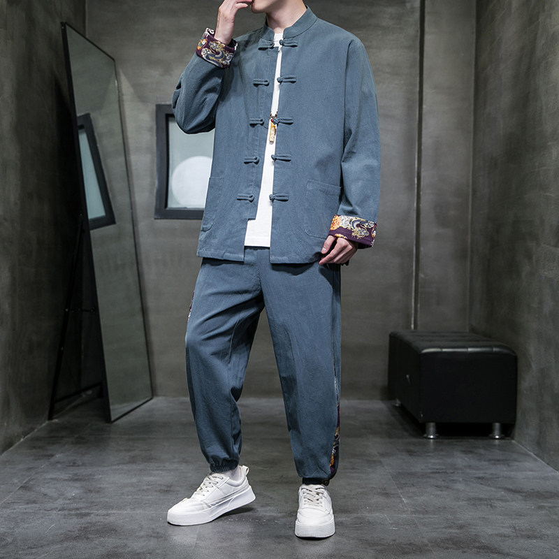 秋季风男装棉麻套装新中式唐装印花外套两件套A118-TZ205P105,男装休闲套装,电商A118