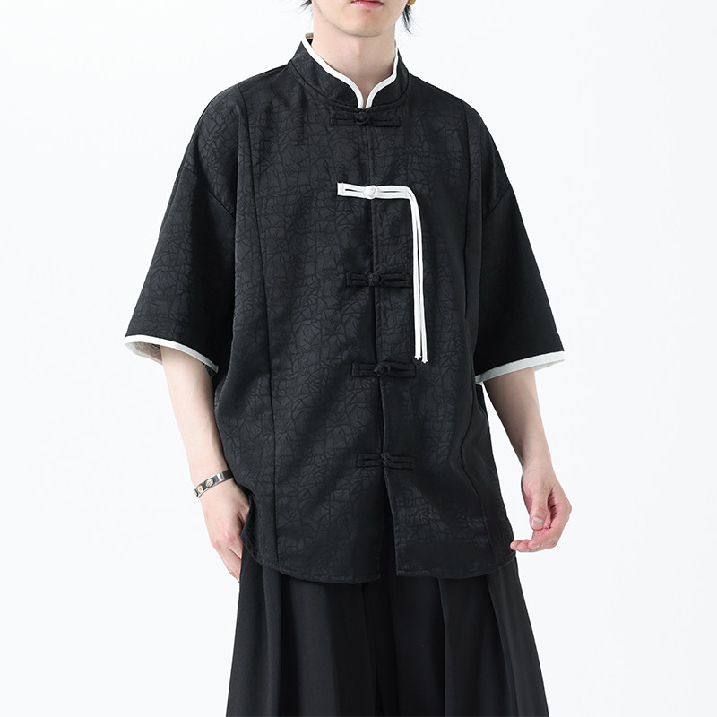 夏季风冰丝短袖改良衬衫新中式提花大码男装A118-C17P65控88,男装T恤,电商A118
