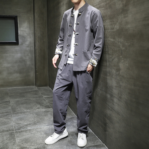 风春季印花衬衫套装中式棉麻唐装复古两件套男A118-TZ2023P95,男装衬衫,电商A118