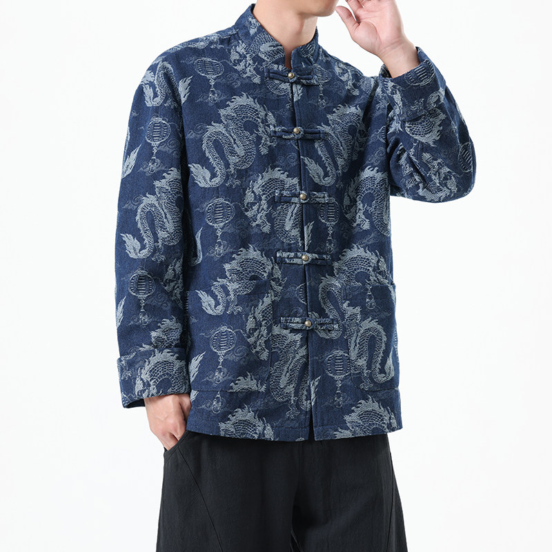 秋冬季风唐装牛仔外套中式龙纹提花复古夹克男A118-A8813P135,男装工装外套,电商A118