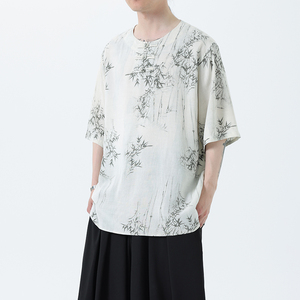 夏季风男装新中式棉麻短袖亚麻T恤印花汉服男A118-C23P65控88