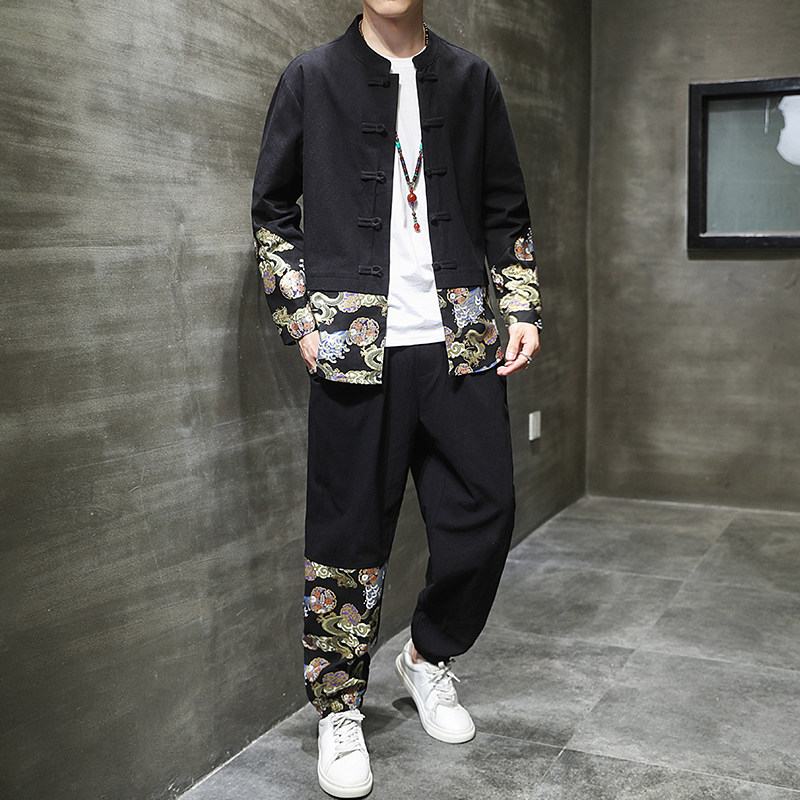 春季风棉麻复古套装新中式唐装汉服两件套男A118-TZ2022-P95，男装休闲套装，电商A118