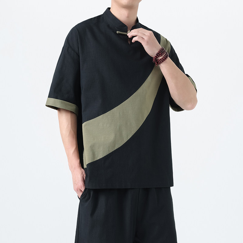 夏季风短袖唐装汉服棉麻大码中式复古T恤男A118-T006P65控99,男装T恤,电商A118