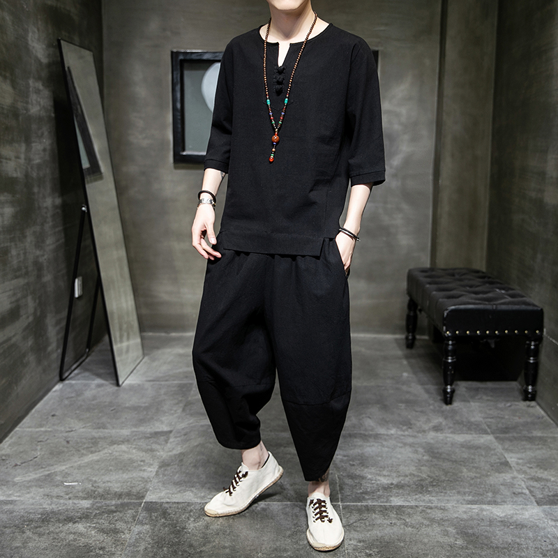夏季风棉麻短袖套装盘扣唐装七分裤两件套男A118-TZ207-P75，男装休闲套装，电商A118