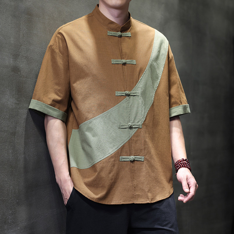 2025夏季新款唐装风大码复古短袖青年衬衫A118-C032P70控99，男装衬衫，电商A118