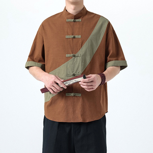 夏季风唐装棉麻大码短袖中式复古拼接衬衫男A118-C032P70控99图片
